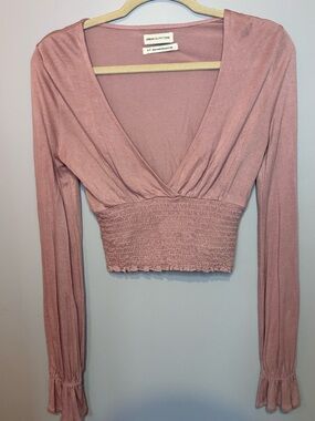 UO Taran Smocked Surplice Soft Rose Pink Crop Top